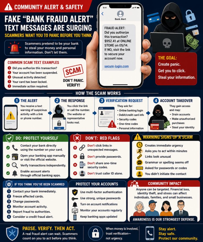 Fake “Bank Fraud Alert” Text Messages Are Surging — Scammers Want You to Panic Before You Think